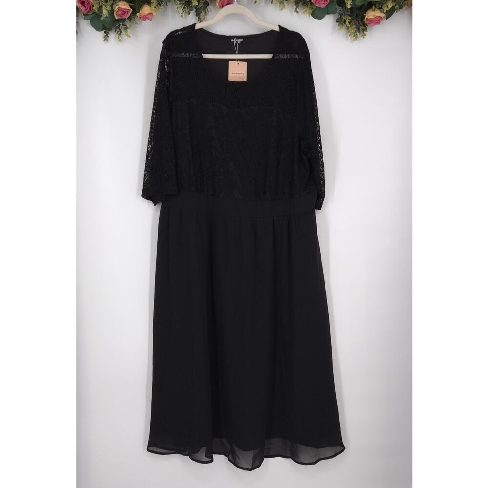 BloomChic Lace Patchwork Shirred Midi Black Plus Size Dress Size 26 NWT